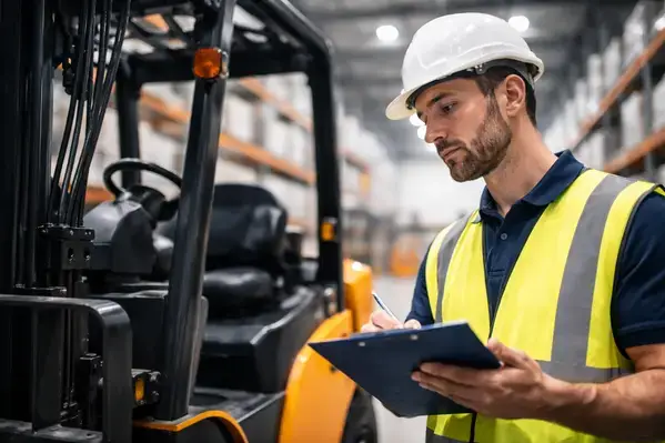Forklift pre-shift safety inspection checklist in warehouse setting