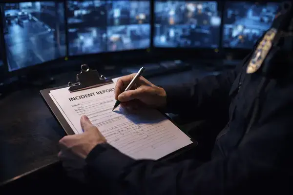 Security guard writing incident report at monitoring desk