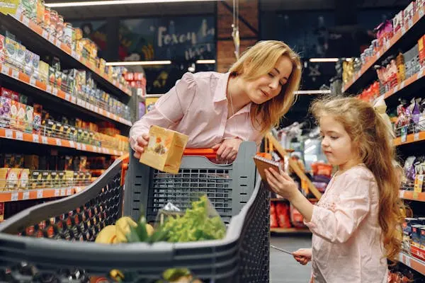 A woman and child shopping in a grocery store monitored by a store security camera system
