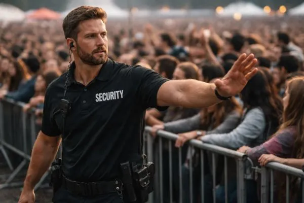 Event security guard directing large crowd