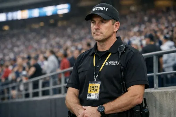 Security guard monitoring crowd at event