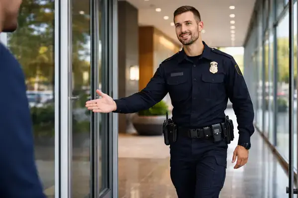 Professional security guard greeting visitor at building entrance