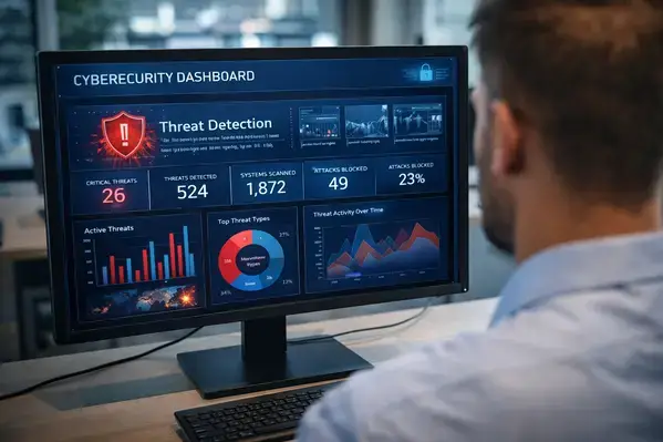Security professional reviewing cybersecurity training dashboard metrics