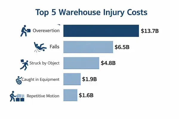 Warehouse injury cost infographic showing overexertion as top expense