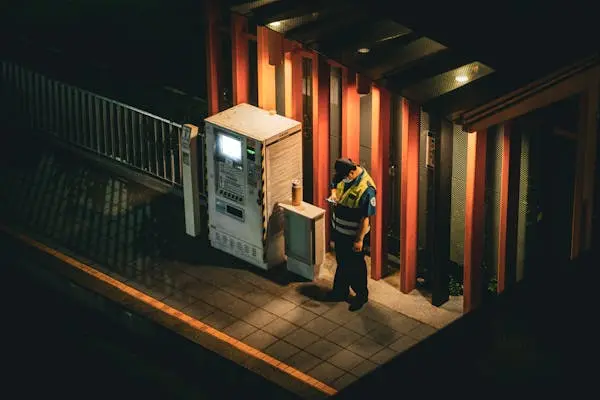 Mall security guard in a reflective vest patrolling a dimly lit station area at night