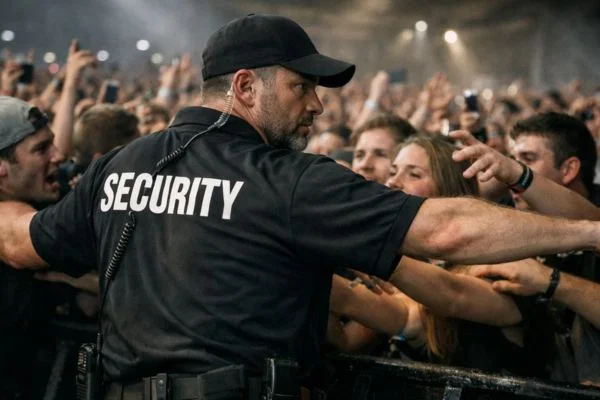 Security guard managing event crowd safely