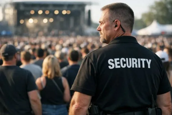 Security guard overseeing crowd movement safely