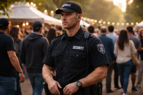 Security guard standing watch during sports event