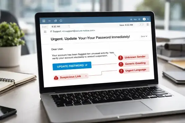 Simulated phishing email on laptop screen for security training
