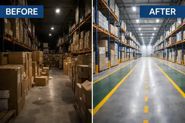 Before and after warehouse aisle cleanup showing improved safety conditions