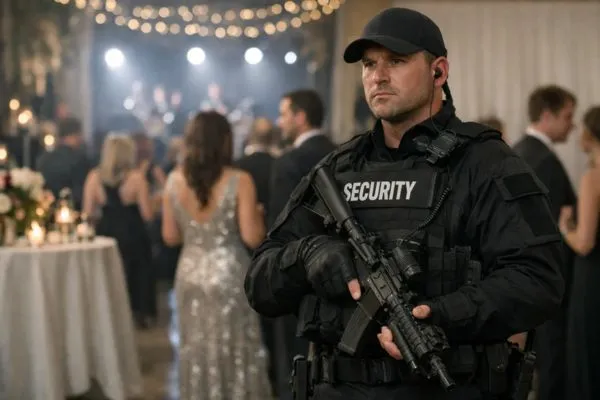 Armed security guard watching crowd for safety