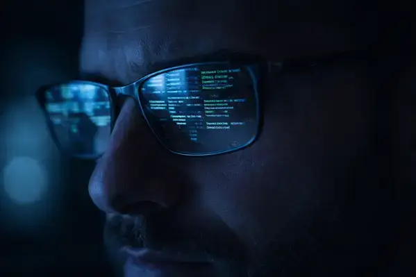AI-powered cyber threat analysis reflected in security analyst glasses