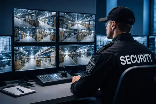 Security guard monitoring warehouse surveillance cameras for safety compliance