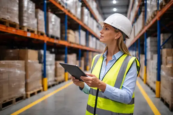 Safety manager conducting warehouse rack inspection audit with tablet