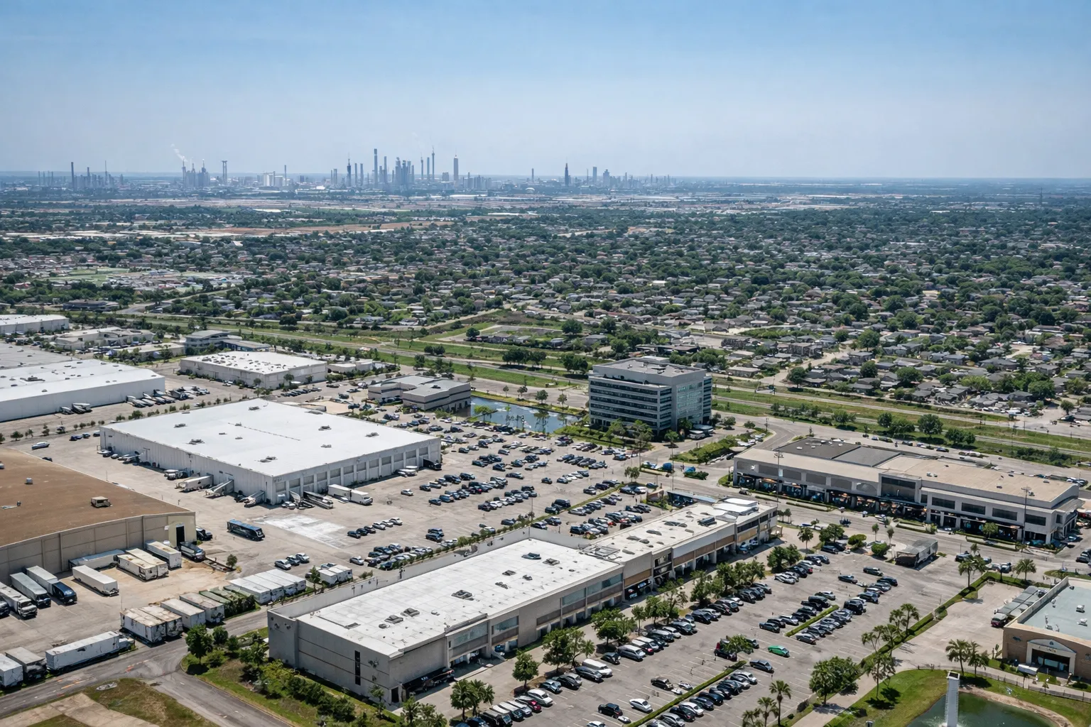 Aerial view of Pasadena Texas showing the diverse commercial industrial and residential properties requiring security guard services