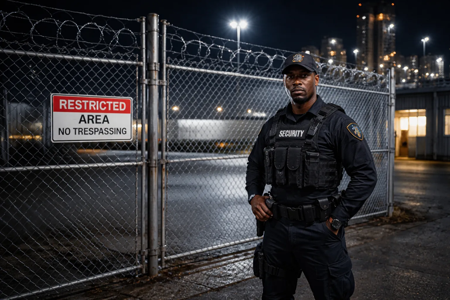 Armed security guard protecting a Pasadena TX industrial facility entrance at night