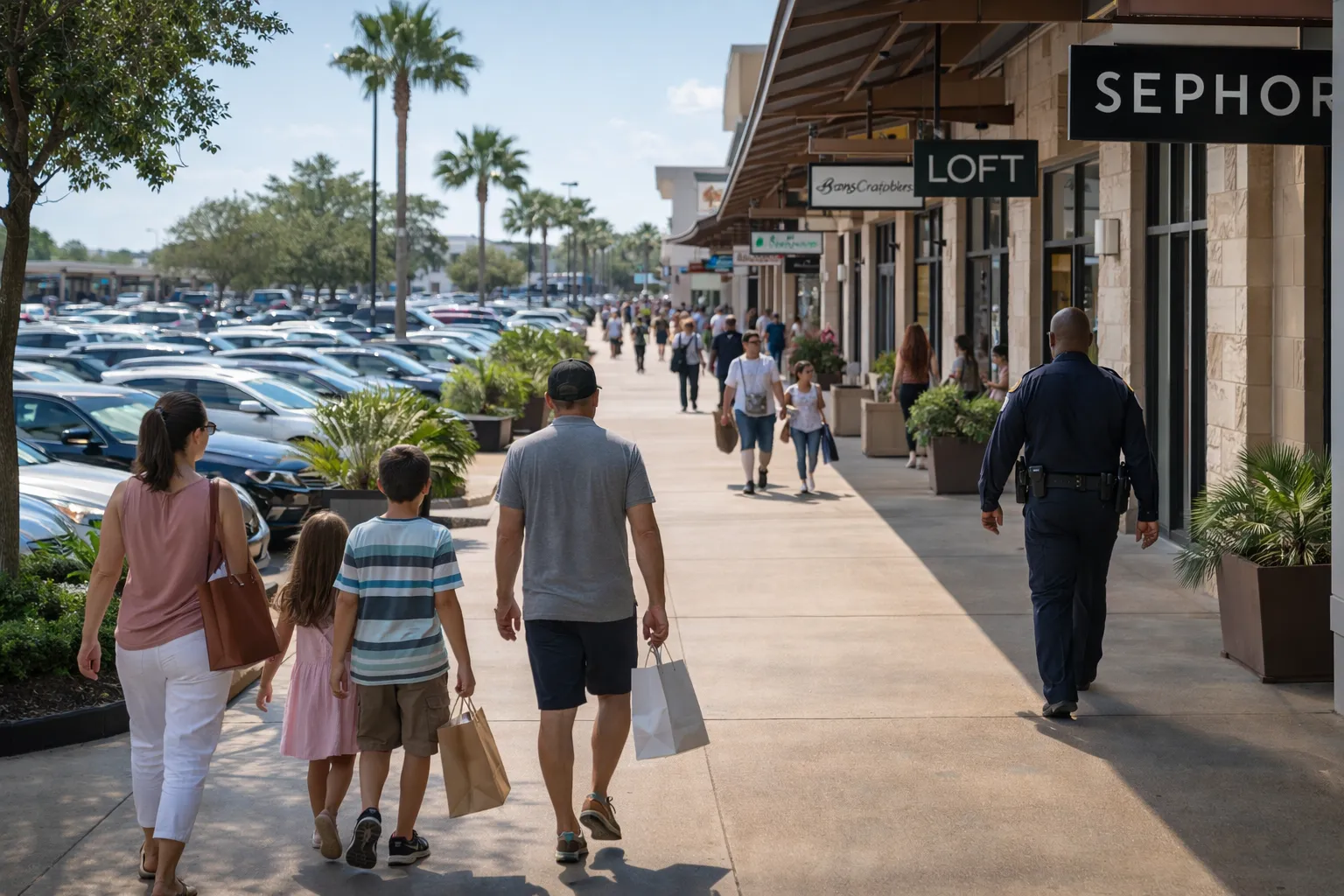 Busy outdoor strip shopping center in Pasadena Texas