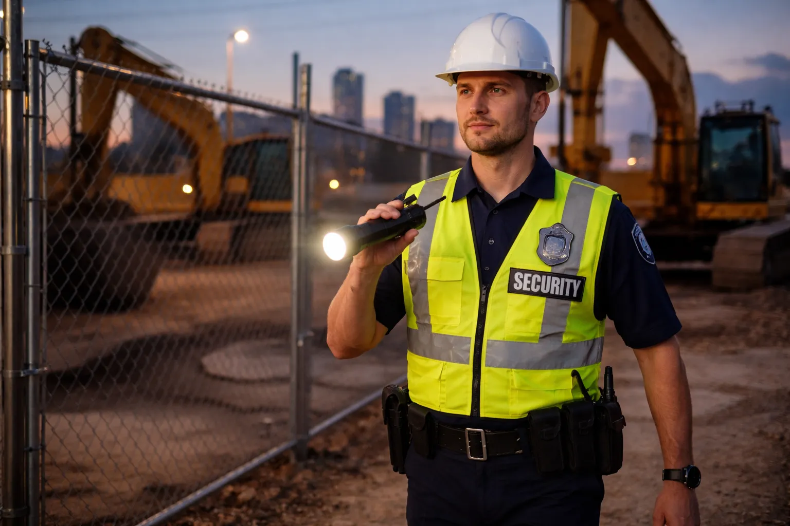 Construction site security guard on overnight patrol in Pasadena, Texas