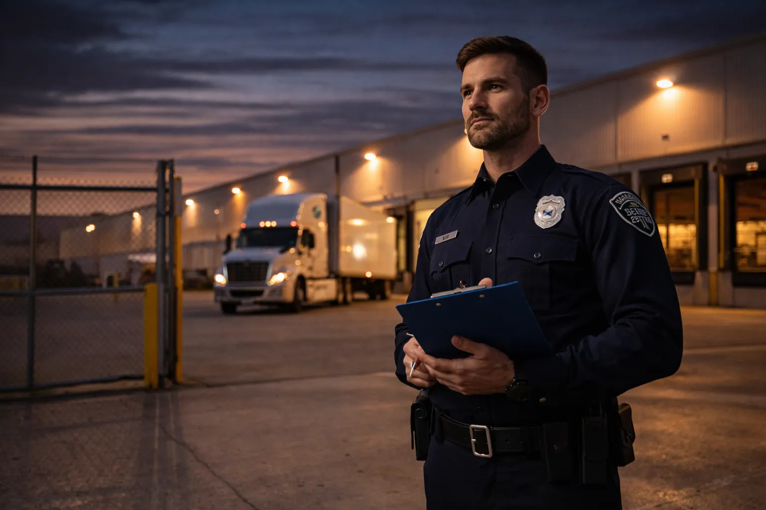 Licensed security guard conducting perimeter patrol at a Pasadena
