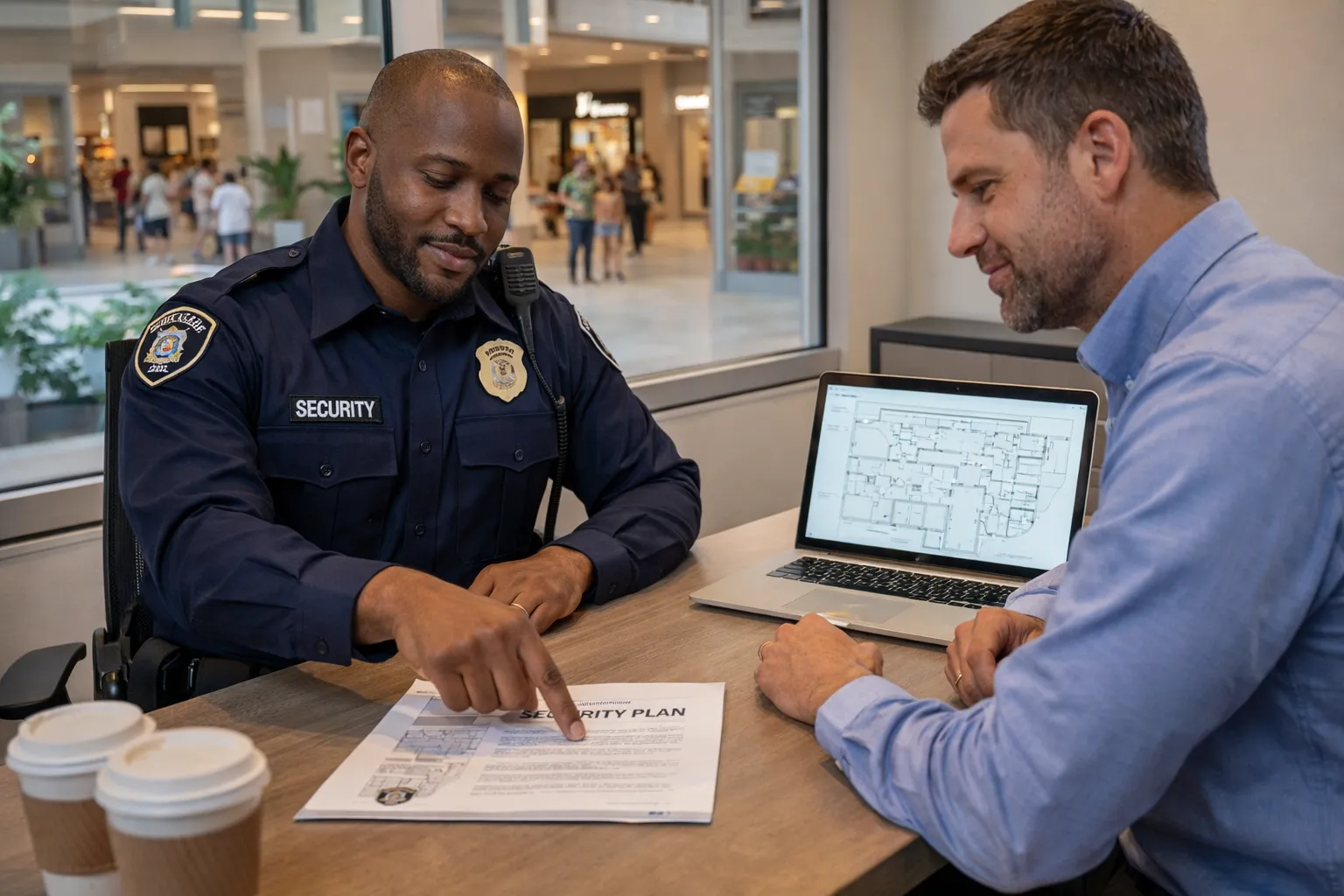 Reliable Guard security team leader reviewing a customized protection plan