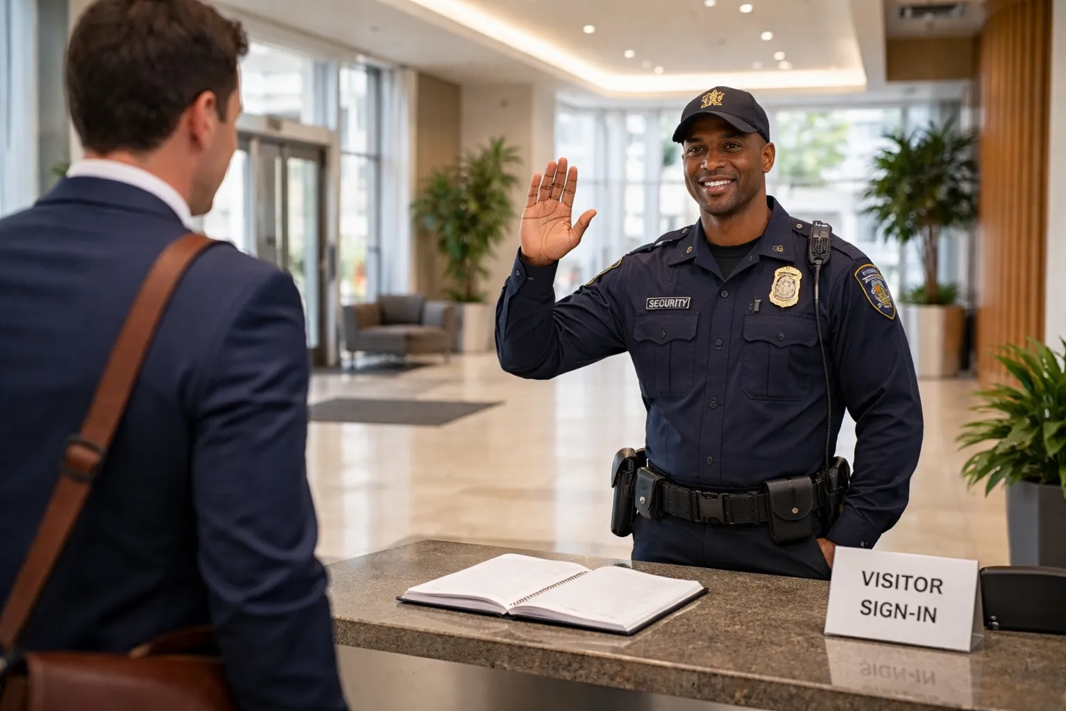 Unarmed security officer providing access control and visitor management at a Pasadena TX office building
