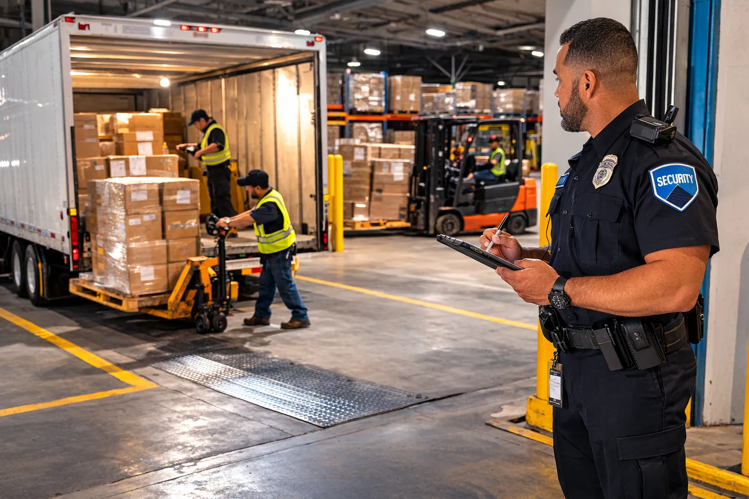Warehouse security guard monitoring loading dock activity