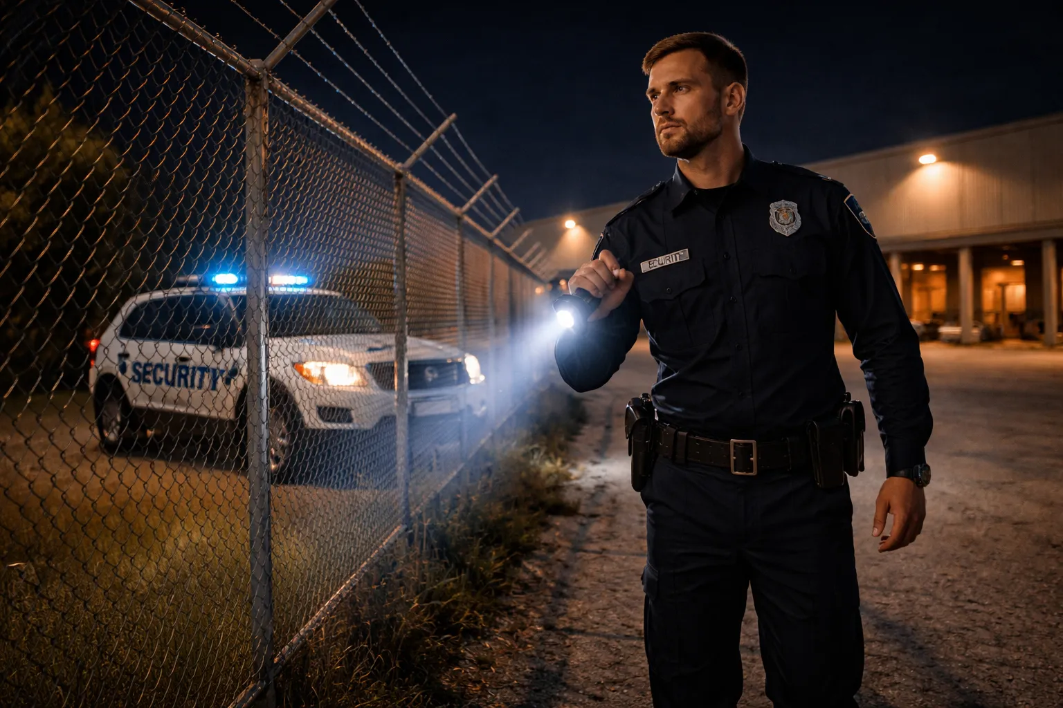 Warehouse security guard standing at the entrance of a Pasadena TX