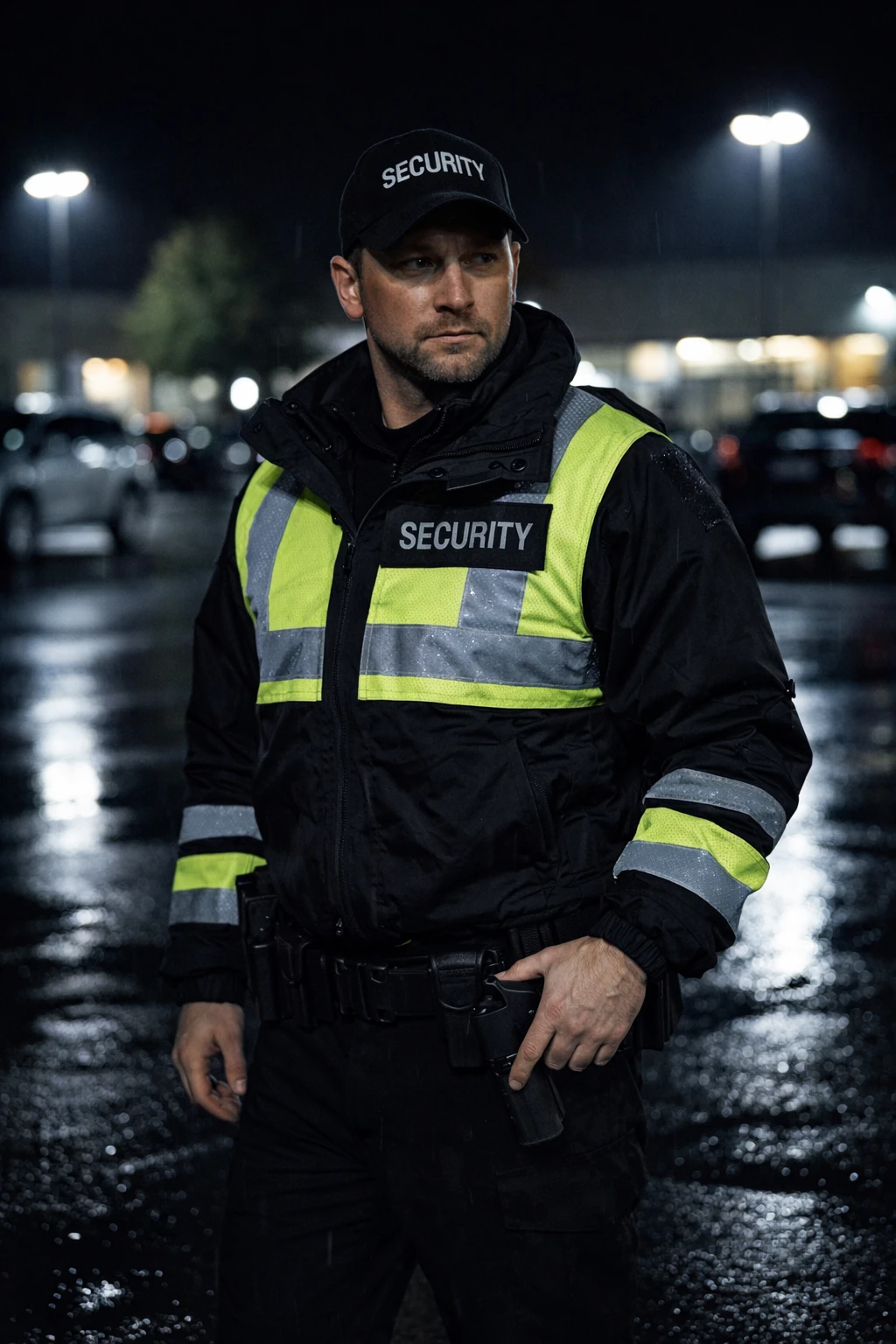 armed security guard patrolling at night