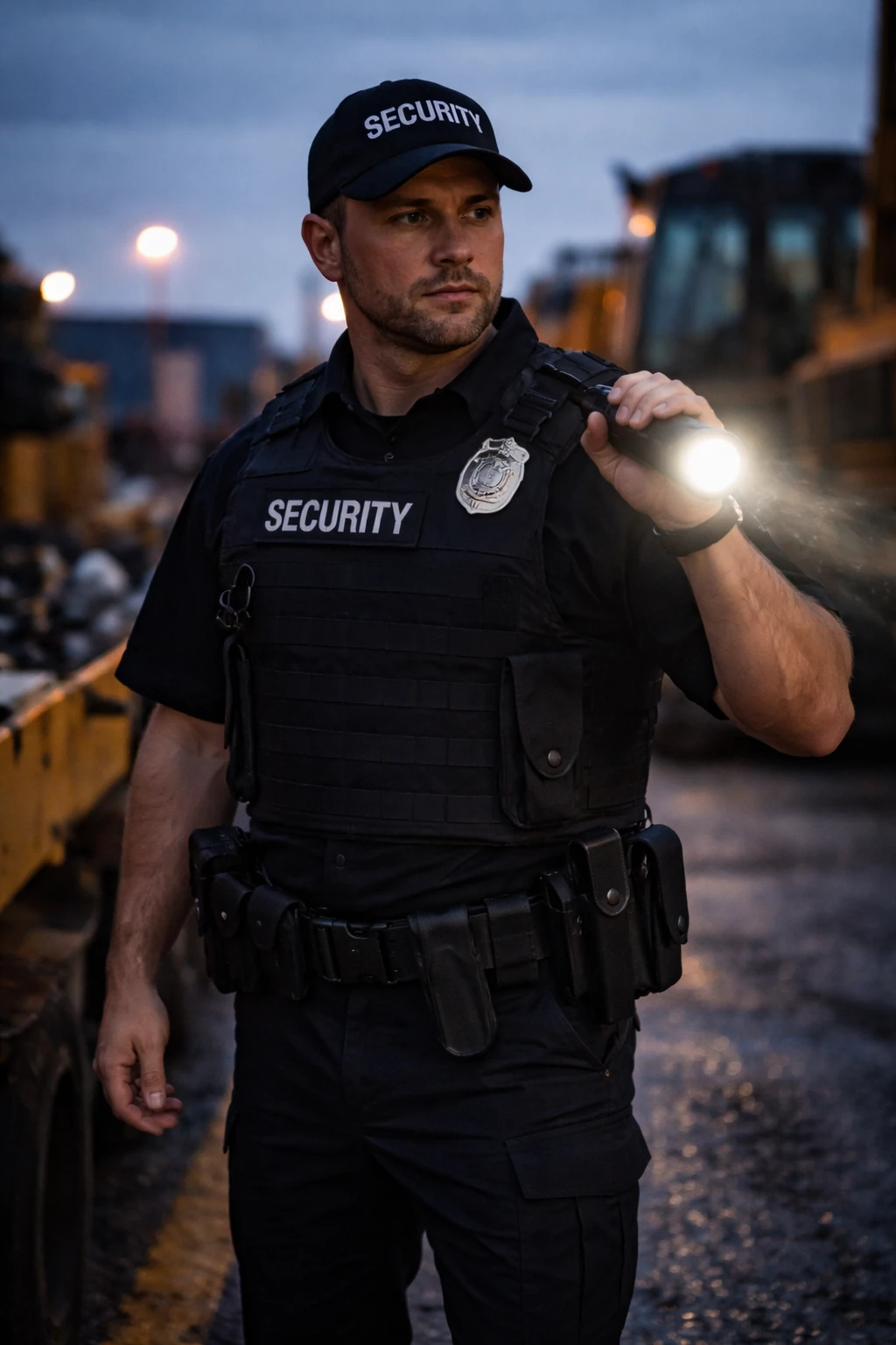 construction site security guard patrolling at night