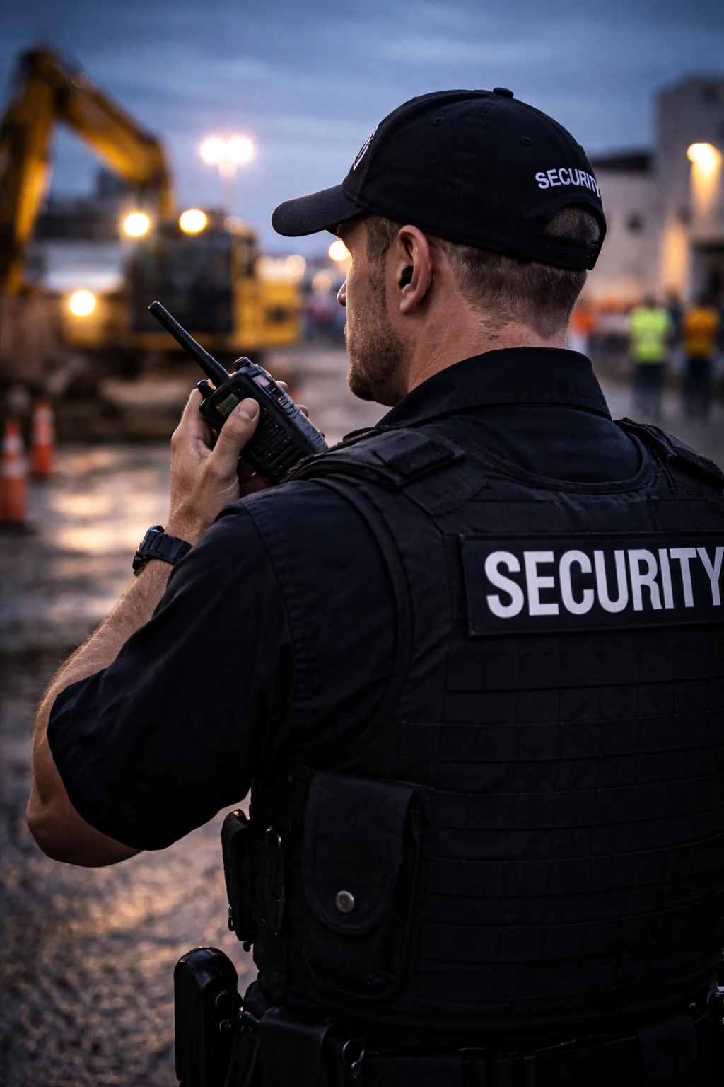 construction site security guard talking to someone using walkie talkie