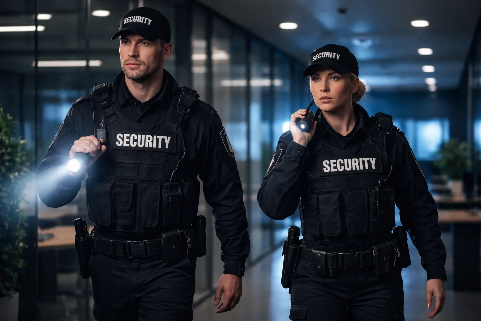 2 security guard on patroll in office building