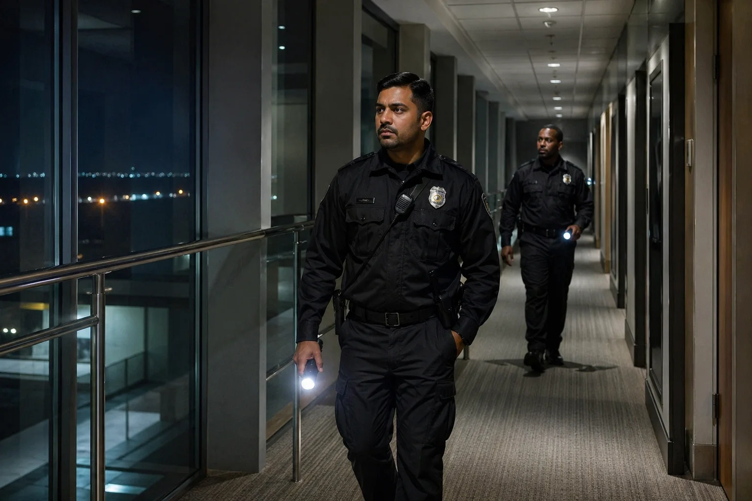 2 security guard patrolling inside a building in Sugar Land, TX