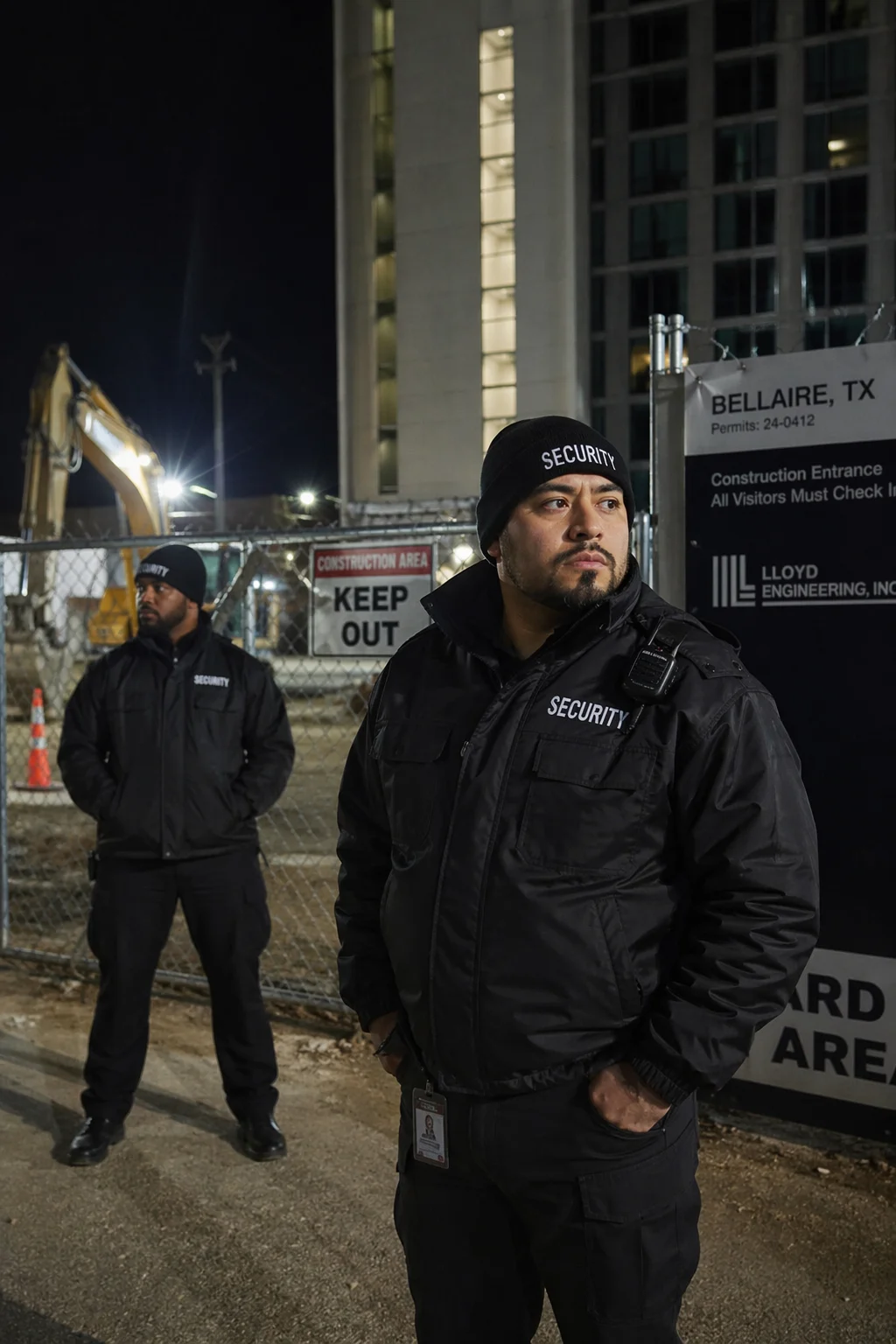 2 security guards guarding a construction site in Bellaire, TX