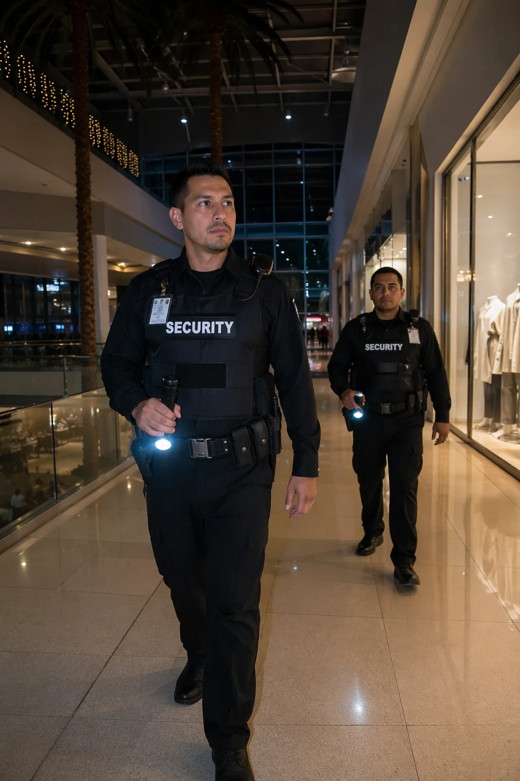 2 shopping center security guards patrolling