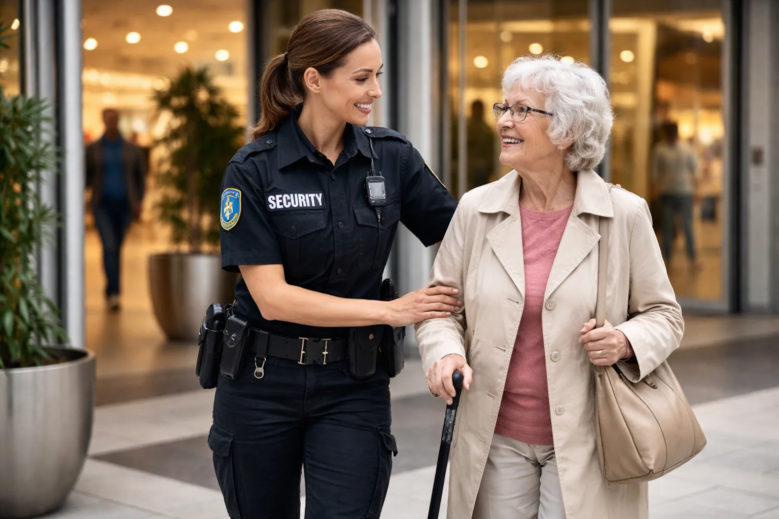 Shopping Center Security Guard assisting an elderly woman