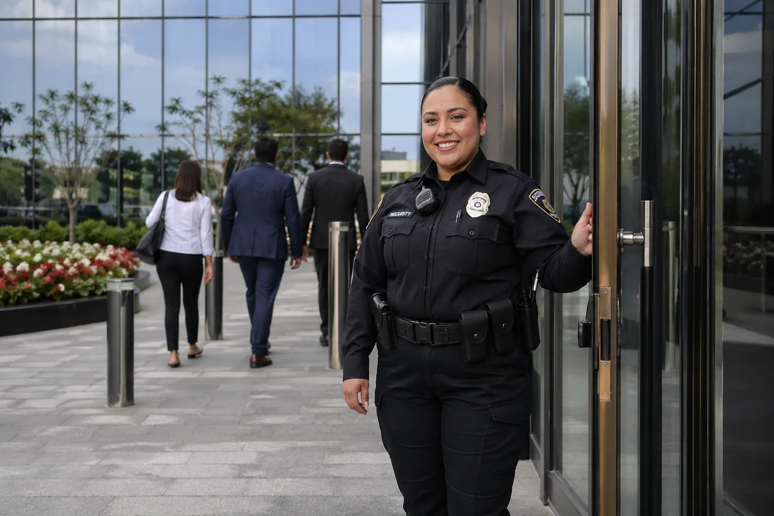 a female security guard on a building entrance in Sugar Land, TX
