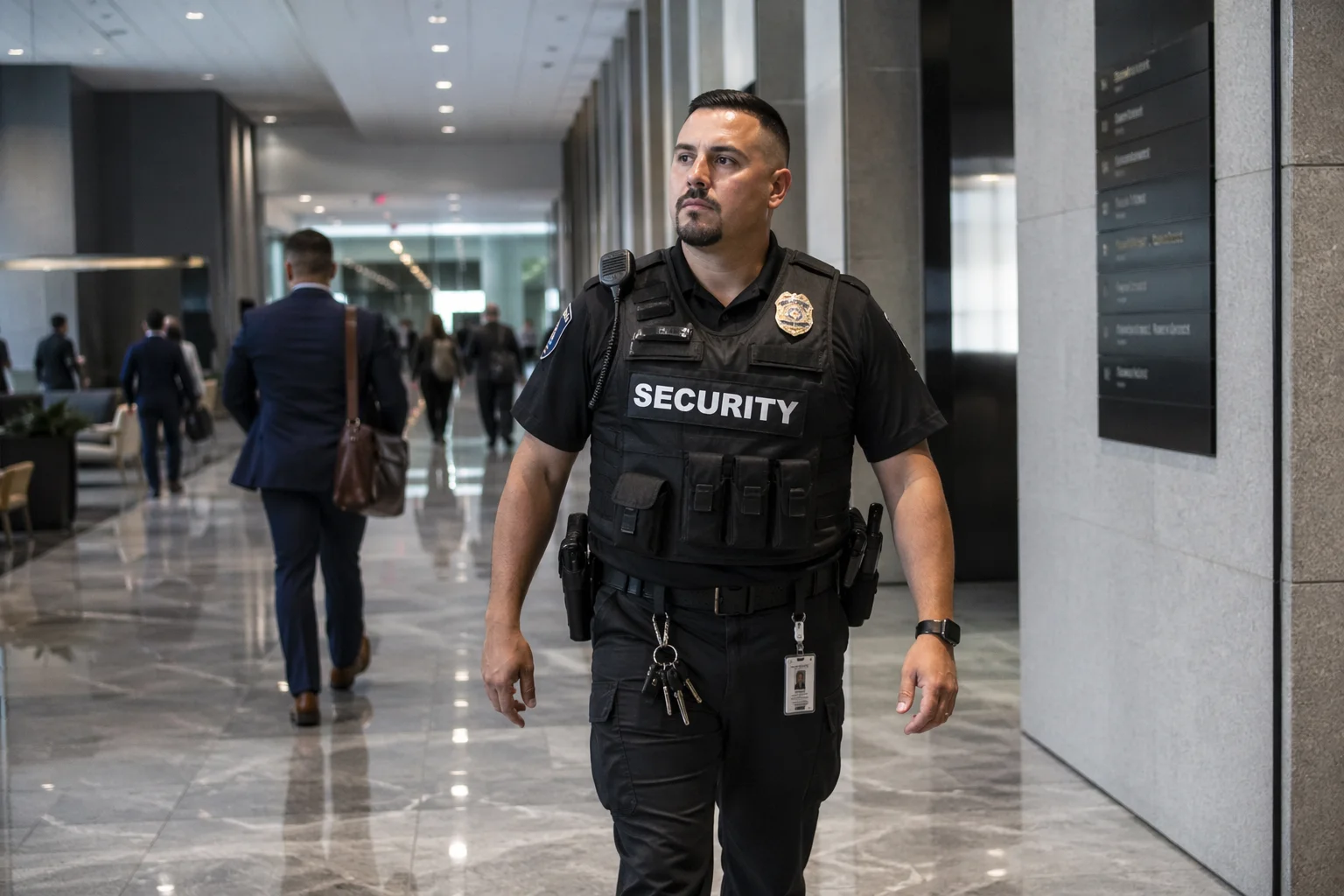 a hotel security guard on patrol on a building in Bellaire, TX