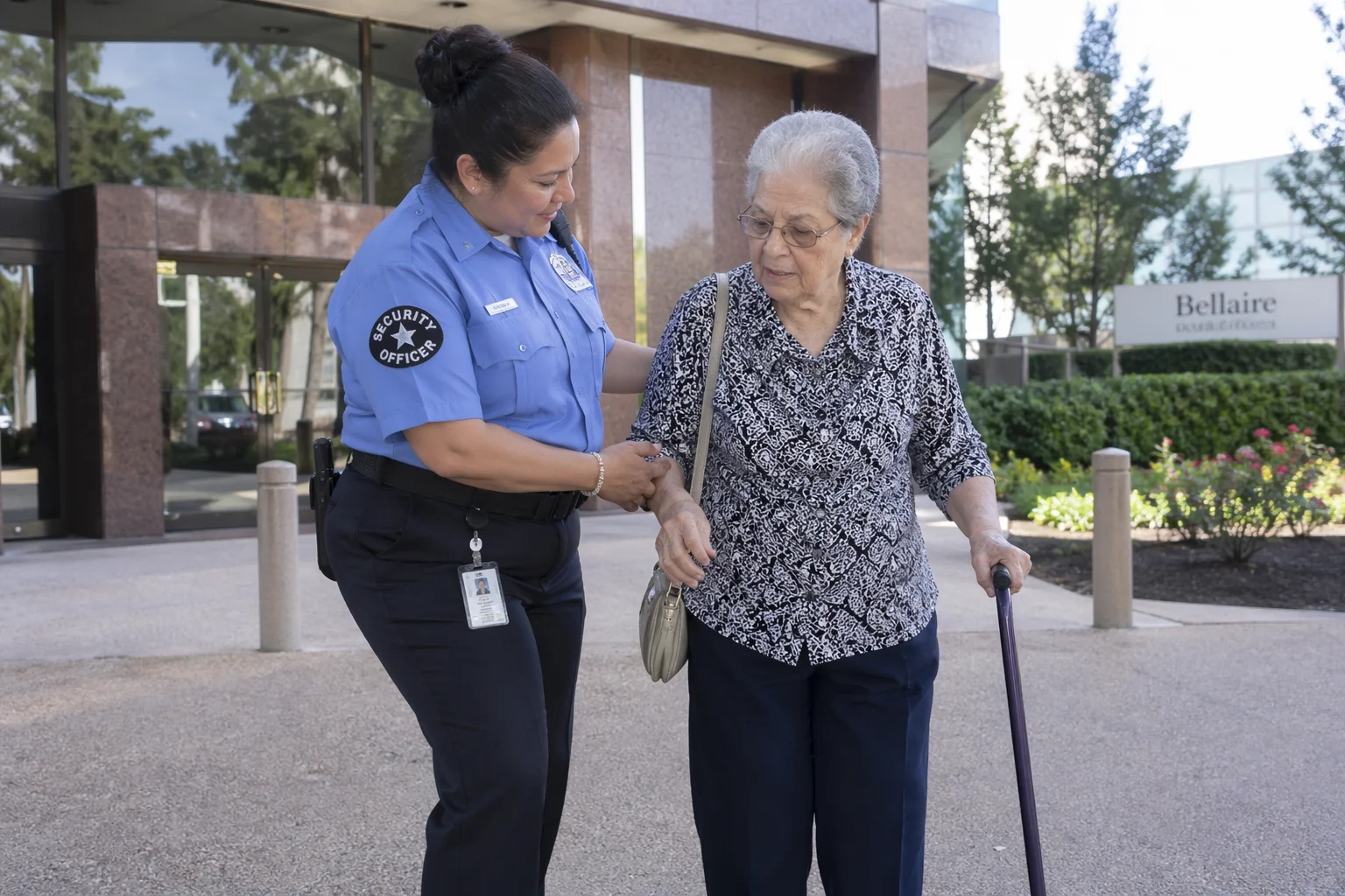 a security guard assisting an elderly in Bellaire, TX