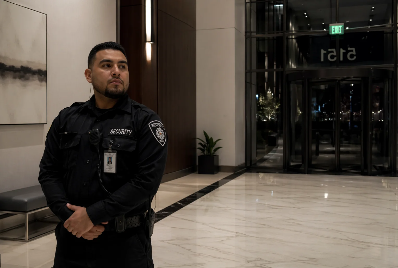 a security guard guarding a building lobby