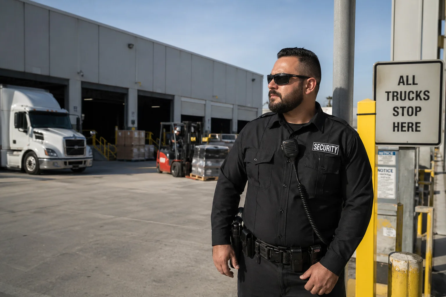 a warehouse security guard patrolling in Houston, TX