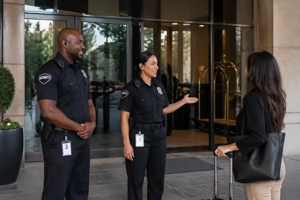 male and female security guards welcoming hotel guest in Houston, TX