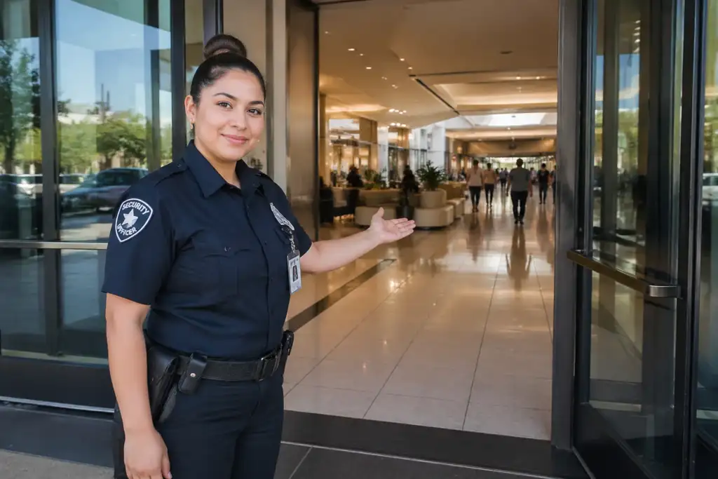 polite security guard in a shopping mall entrance in Houston, TX