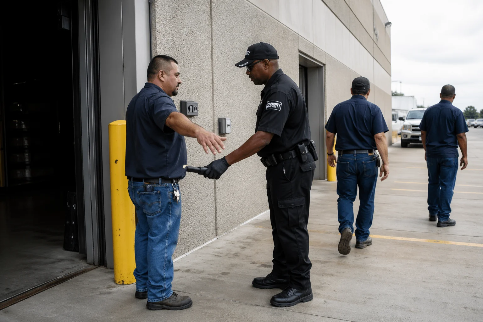 security guard checking on warehouse employees upon exit in Bellaire, TX