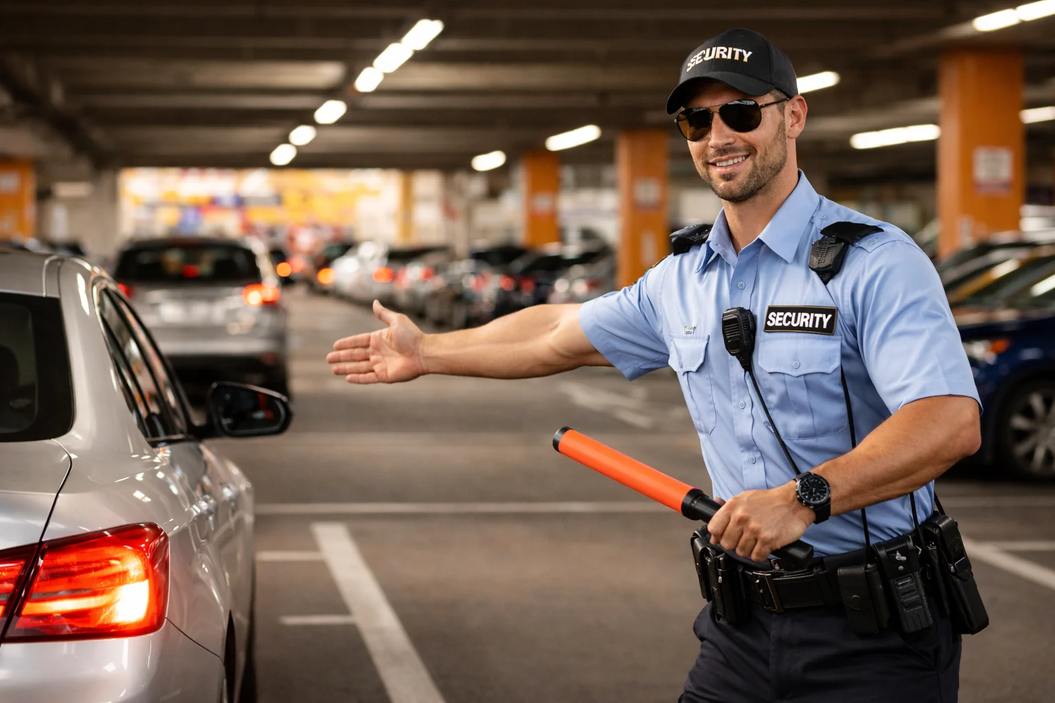 shopping mall security guard assisting drivers on a parking area
