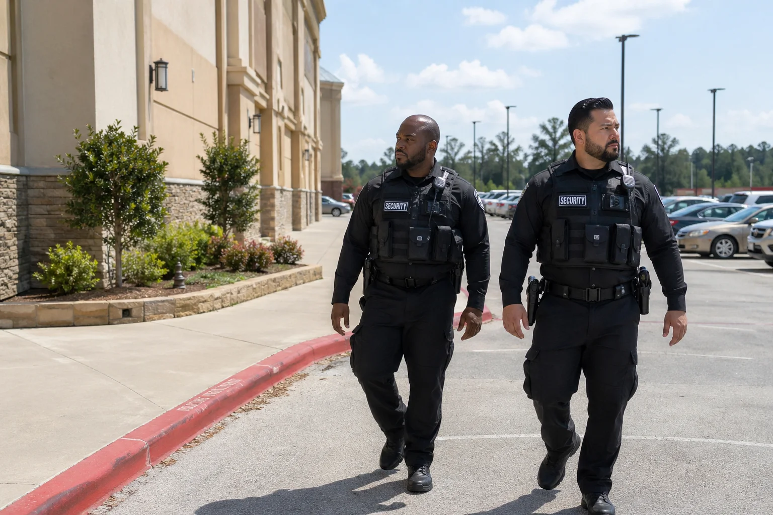 two security guards patrolling around the building