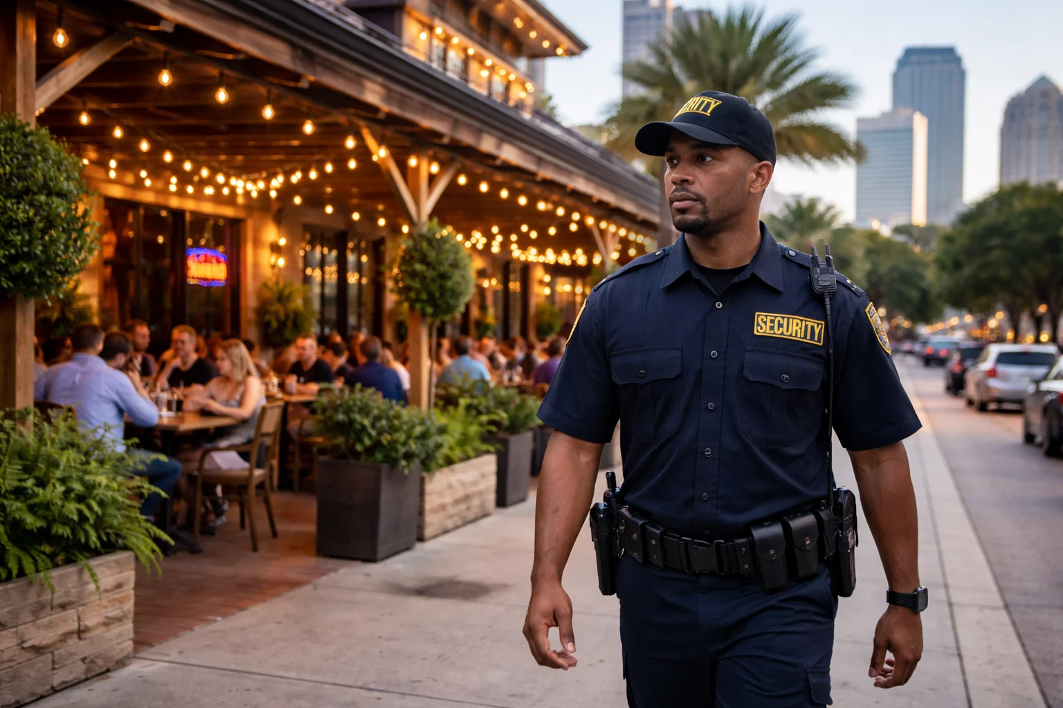 unarmed security guard in a busy street