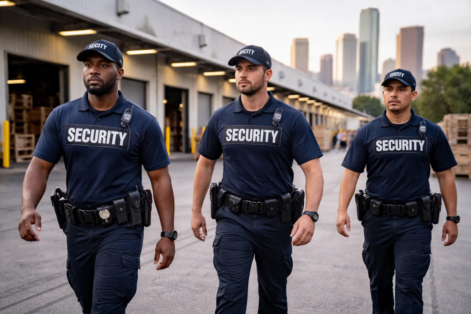 unarmed security guards patrolling in a warehouse