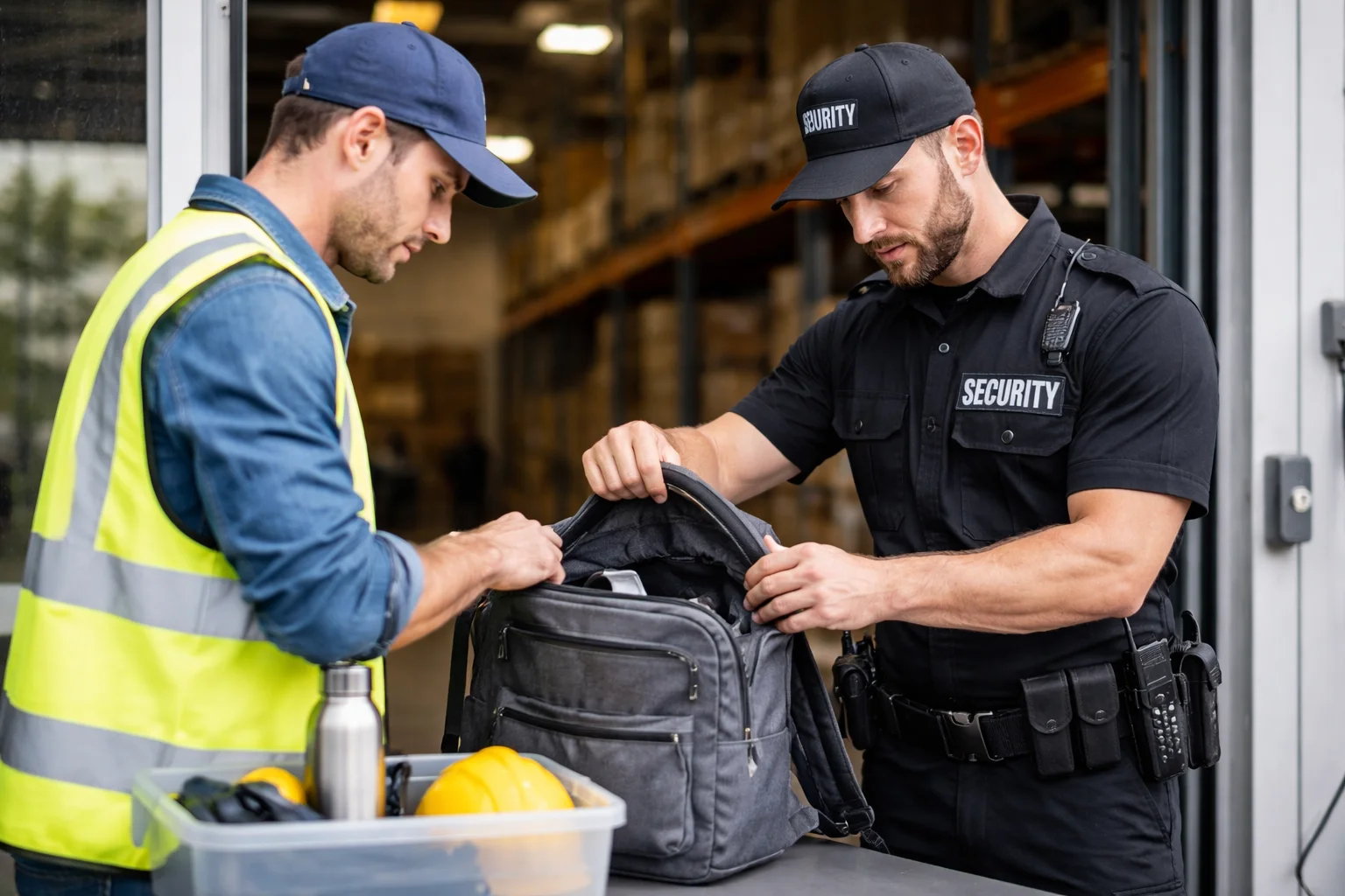 warehouse security guards inspecting bag