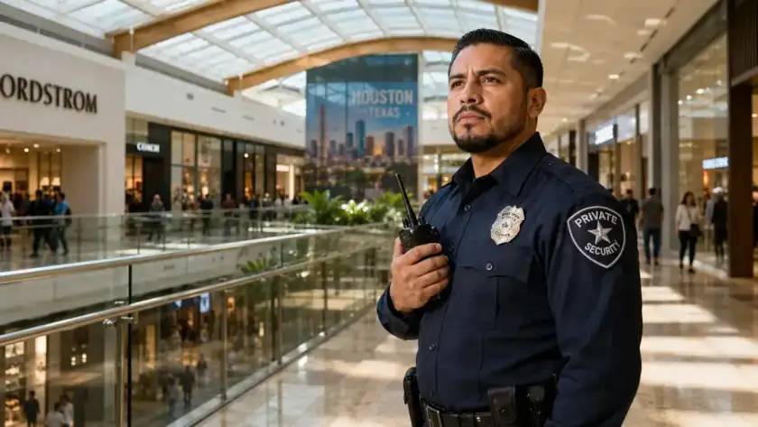 Mall security guard on duty inside a Houston shopping center concourse