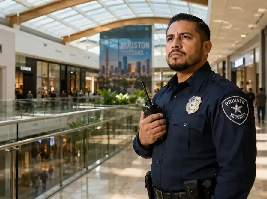 Mall security guard on duty inside a Houston shopping center concourse